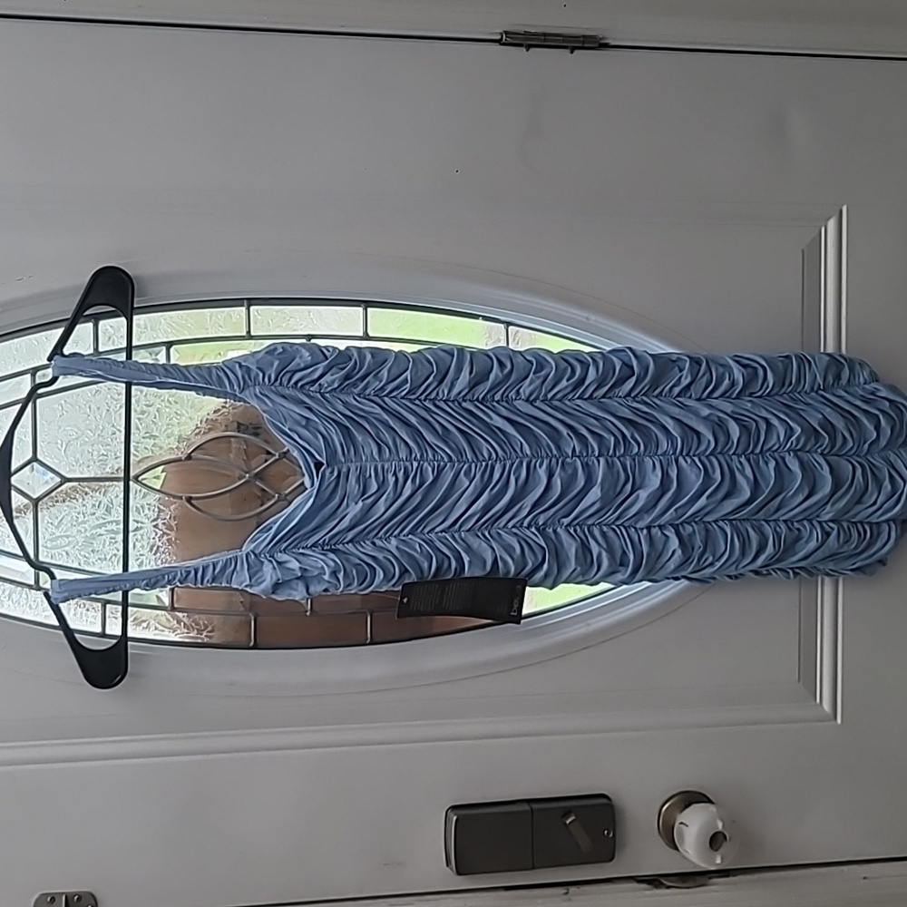 NWT Bebe Square Neck Ruched Dress Powder Blue Size XL Party Date Night Glamorous - Picture 2 of 4